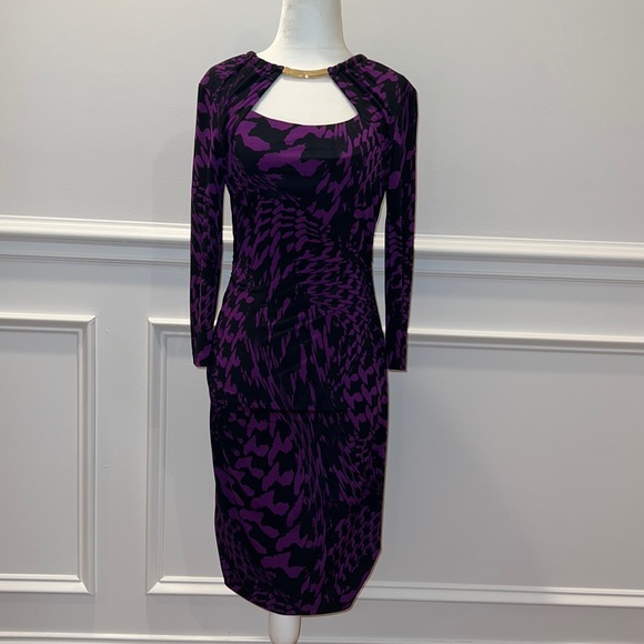 Cache Dresses & Skirts - Caché Purple and Black Ruched Bodycon Long Sleeved Dress Size 6 Gold Neckline